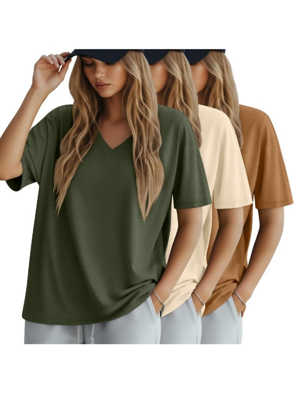 3 Pack Women's Oversized Cotton V-Neck Summer Tops - Casual & Comfy Style